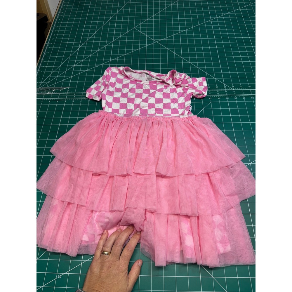 DreamyZzz Pink Checkered Bamboo Tulle Tiered Romper Dress Kids 7/8T